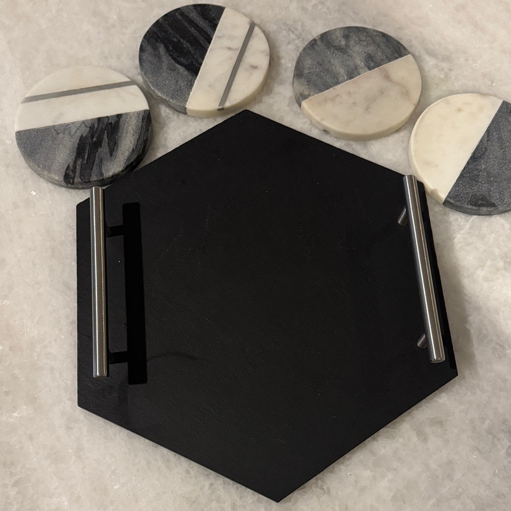 Hexagonal Black Chalkboard Tray with Marble Coasters